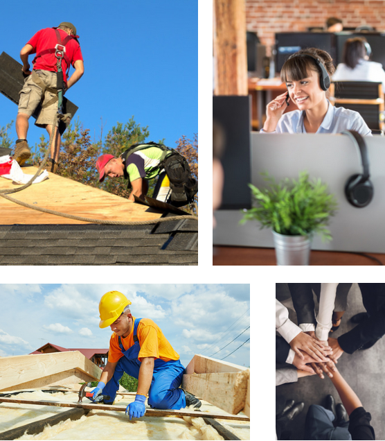 Two roof specialists are working on repairing a roof, An office staff female is listening to query of a customer on a call, Roof plumber is fixing a roof by using hammer, Many people shaking hands together as a result of getting good service from roofing company