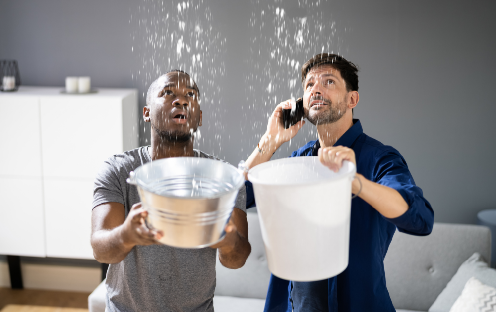 Two men are holding buckets and collecting water underneath from the leaking roof