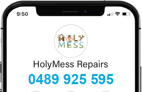 Picture of a mobile phone showing phone number of HolyMess Repairs