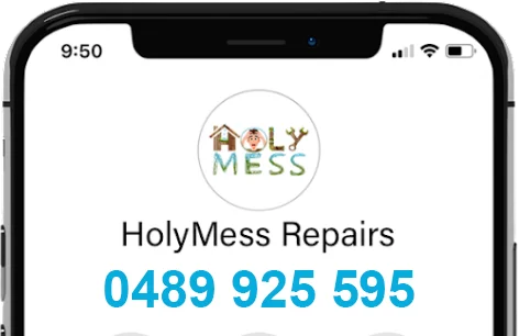 Calling Holymess Repairs Phone number on half iphone mockup