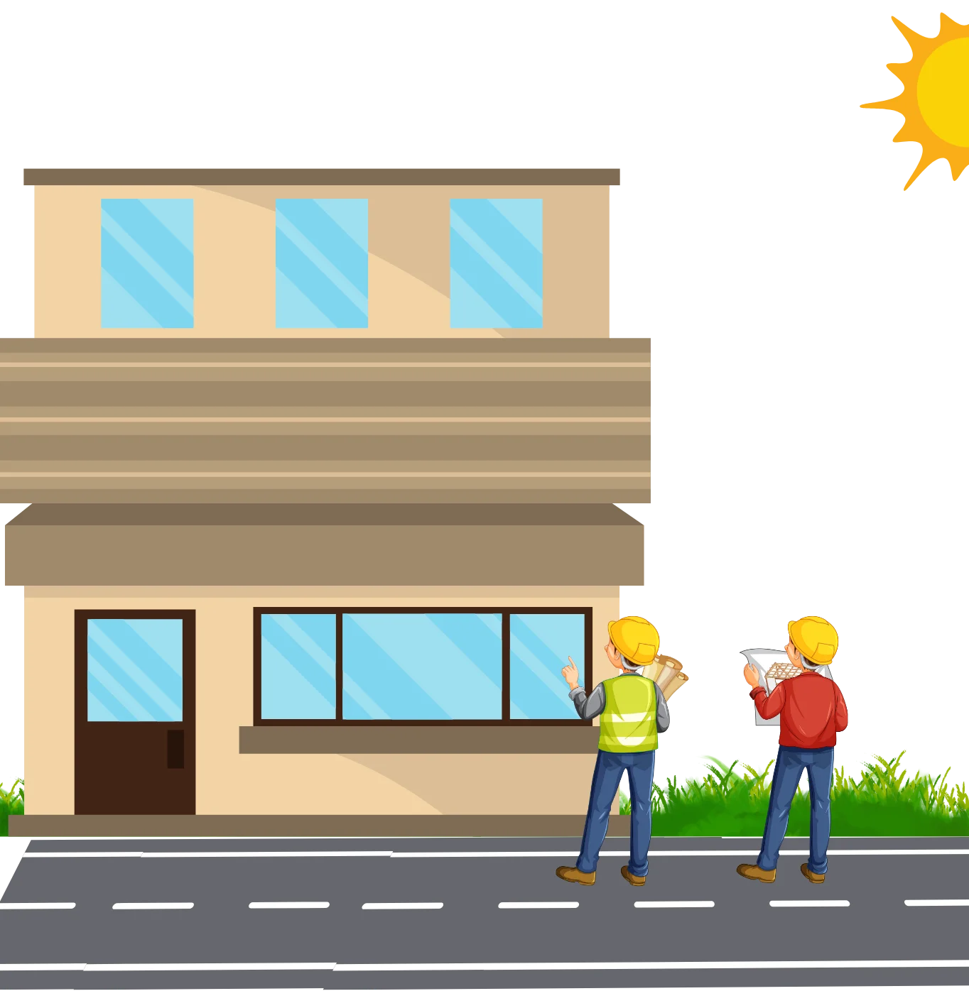 graphic representation of two roofers looking at a double storey building