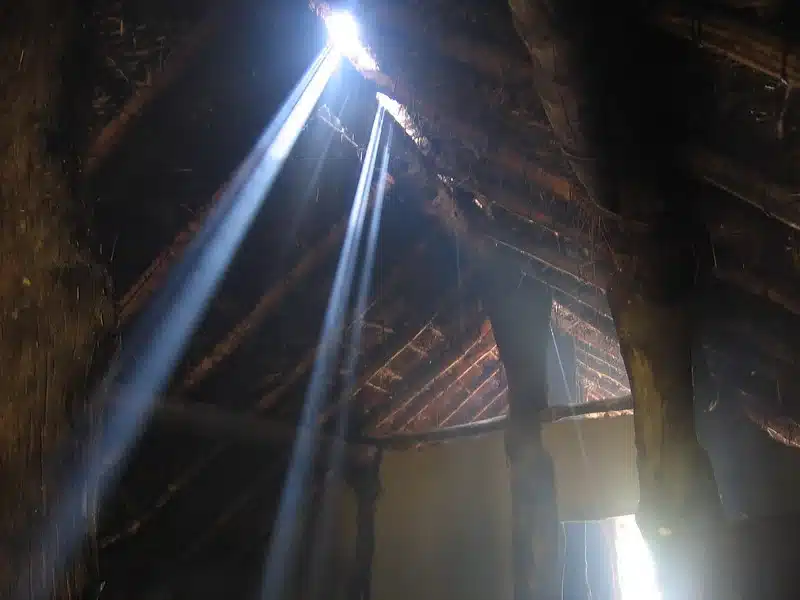rustic roof with light shinning through it