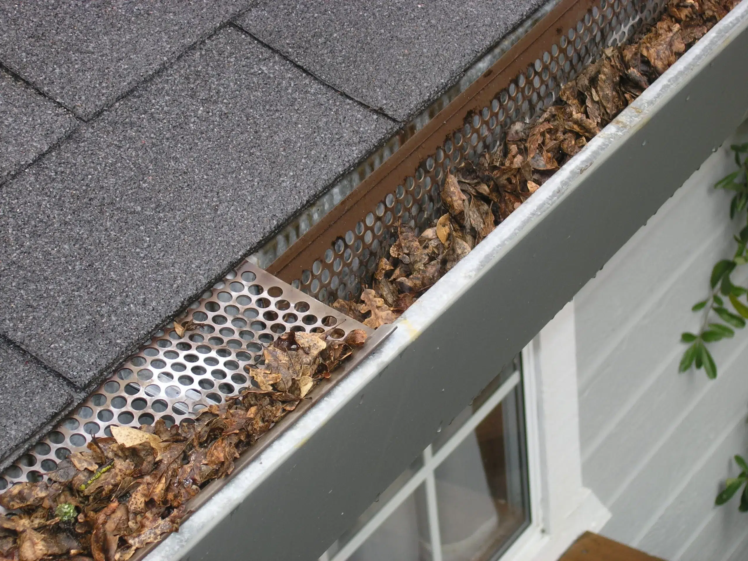 close-up image of blocked gutter on rooftop