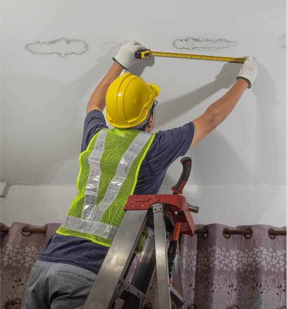 Two roof specialists are working on repairing a roof, An office staff female is listening to query of a customer on a call, Roof plumber is fixing a roof by using hammer, Many people shaking hands together as a result of getting good service from roofing company