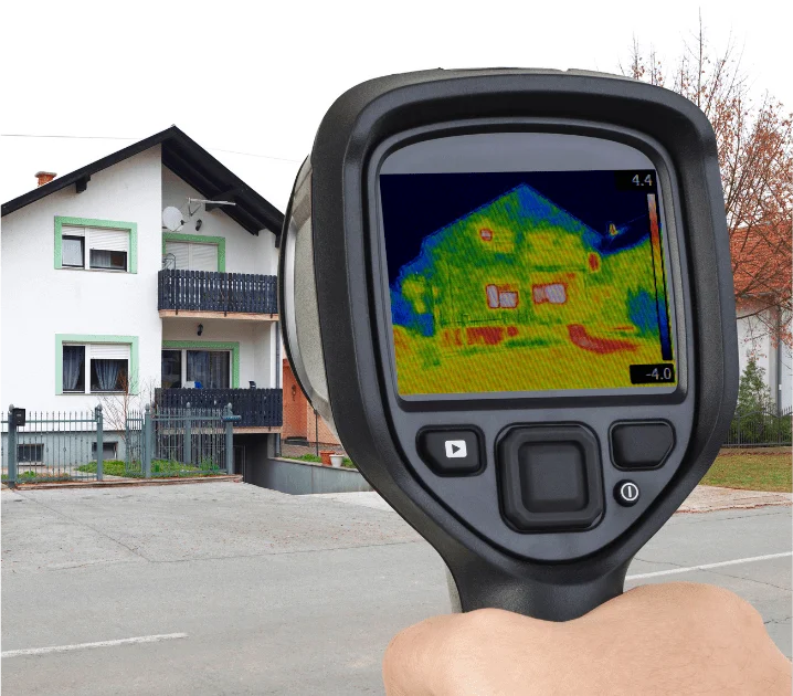 Hand holding thermal imaging camera pointing at a residential home.