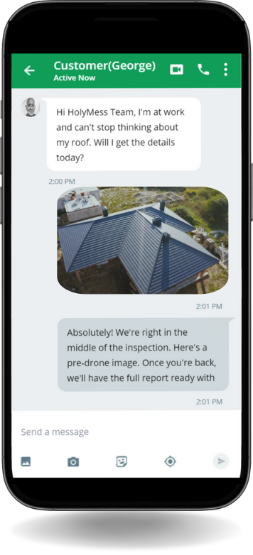 A mobile phone screen showing sms conversation between a client/homeowner and HolyMess Repairs roofer