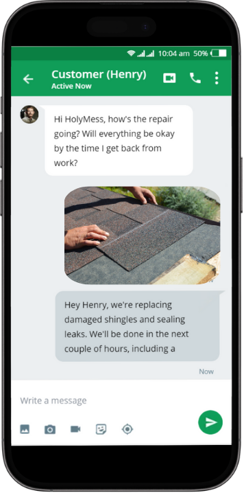 A mobile phone screen showing sms conversation between a client/homeowner and HolyMess Repairs roofer