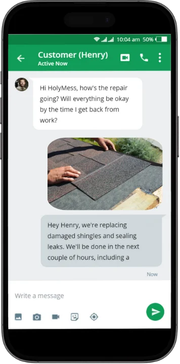 holymess repairs real time chat showing conversation between us and our client