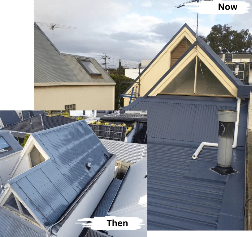 colorbond roofing service project by holymess repairs, then and now comparison.