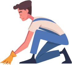 Cartoon roofer inspecting roof