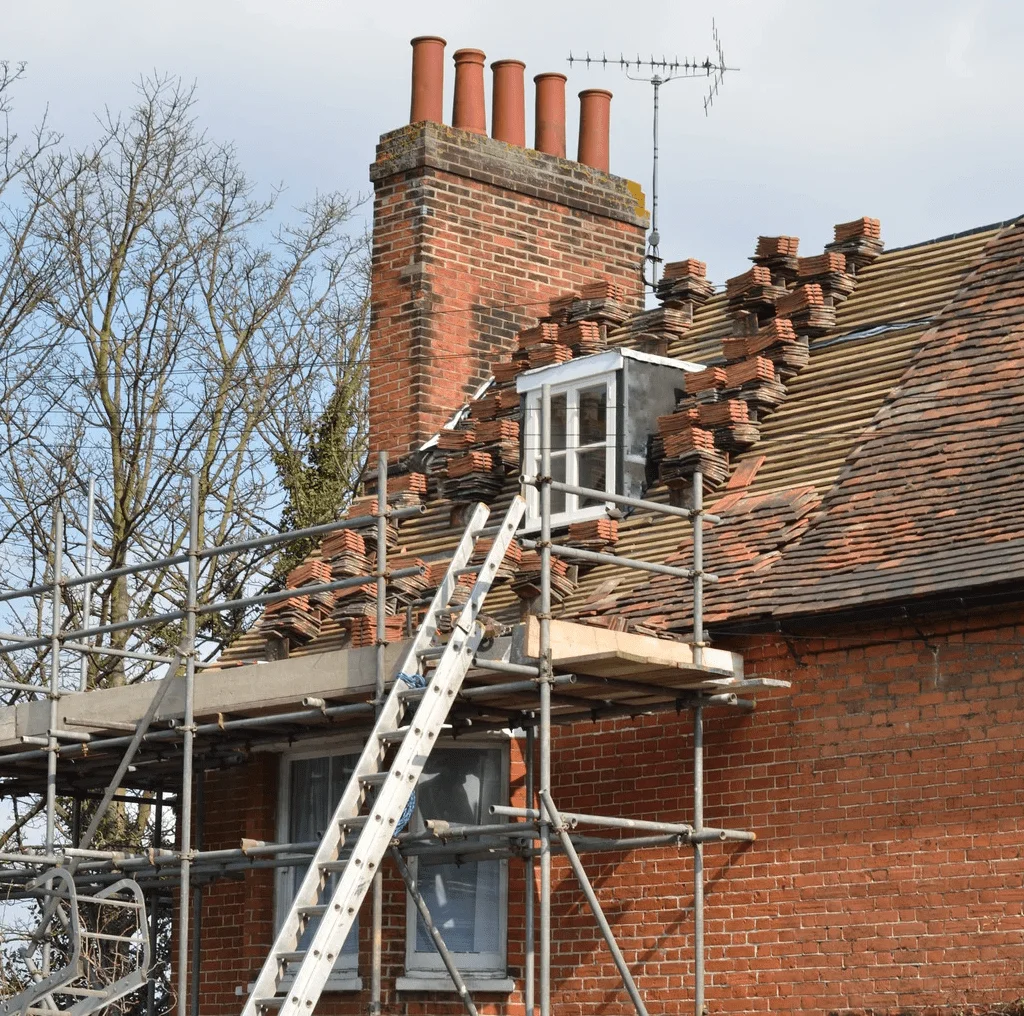 Two roof specialists are working on repairing a roof, An office staff female is listening to query of a customer on a call, Roof plumber is fixing a roof by using hammer, Many people shaking hands together as a result of getting good service from roofing company