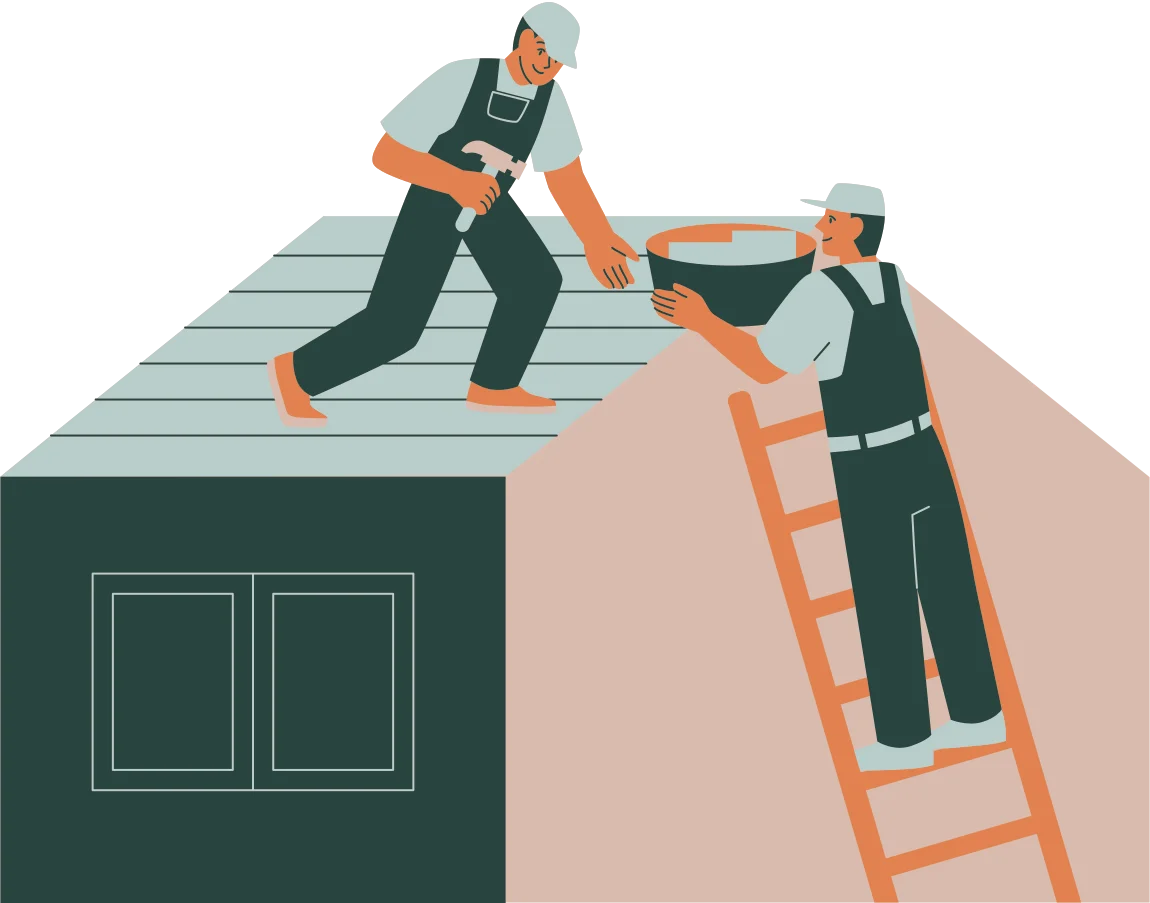 Cartoon roofers on roof doing repairs