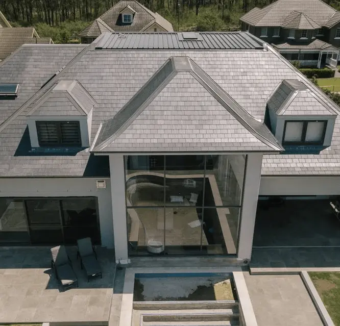 Slate roof restored in Canberra, aerial view