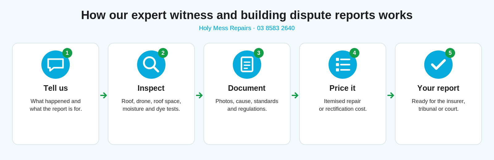 How our expert witness and building dispute reports works: 1 tell us, 2 inspect, 3 document, 4 price it, 5 your report