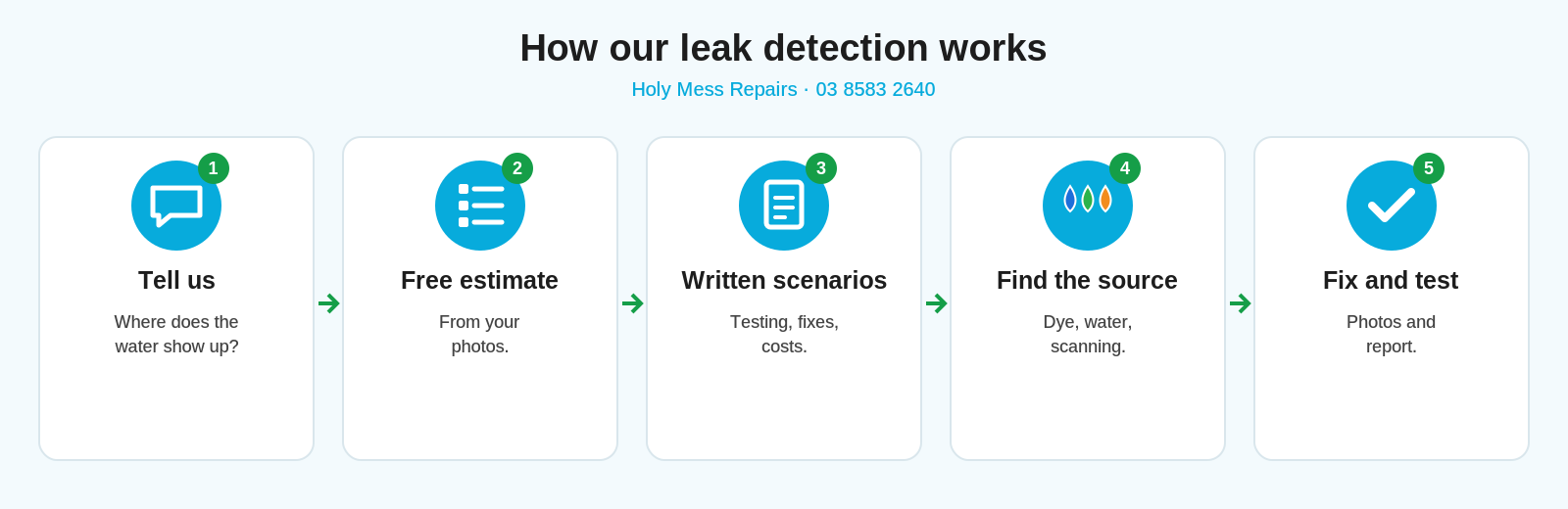 How our leak detection works: 1 tell us where the water shows up, 2 free phone estimate, 3 written scenarios, 4 we find the source with dye testing, scanning, pressure, acoustic, camera and tracer gas methods, 5 fix, test and report
